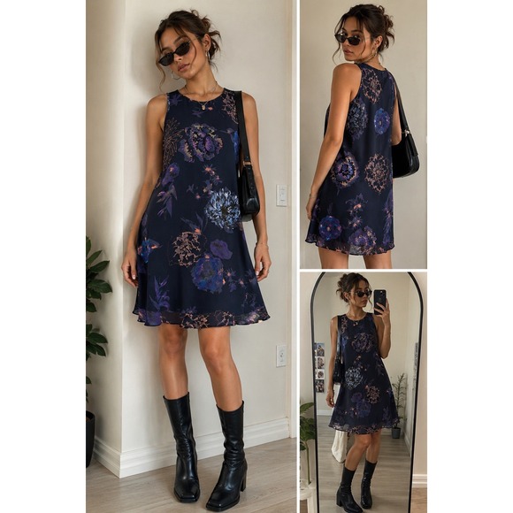 Katherine Barcalay Dresses & Skirts - Katherine Barclay Floral Mini Dress Lined Navy Sleeveless A-Line Size 8 Y2K